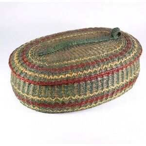 Vintage woven pine needle basket, natural fibre arts sewing basket, lidded
